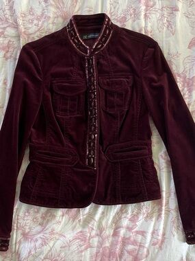 INC International Concepts Deep Burgundy Velvet Blazer with Embellished Trim